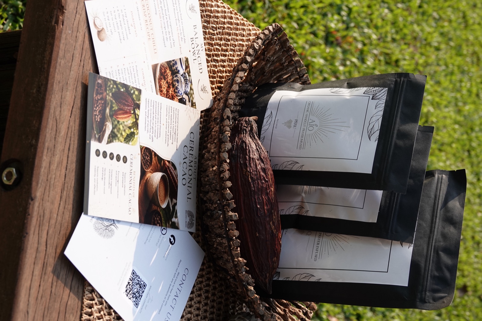 Ceremonial cacao and a whole cacao pod in a woven basket